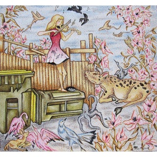 Violin Player by Louis Recchia | Oil on canvas Girl playing violin among animals and flowers. For Sale