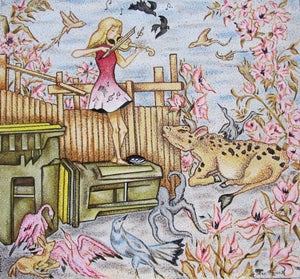 Violin Player by Louis Recchia | Oil on canvas Girl playing violin among animals and flowers.