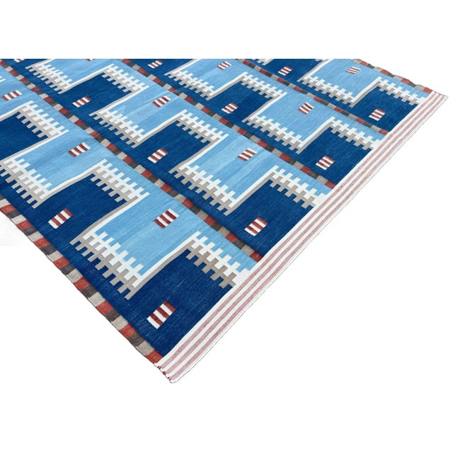 Handwoven Cotton Area Rug, Natural Vegetable Dyed, Blue, Beige, Cream & Red Geometric Dhurrie - 12'x15' For Sale - Image 6 of 10