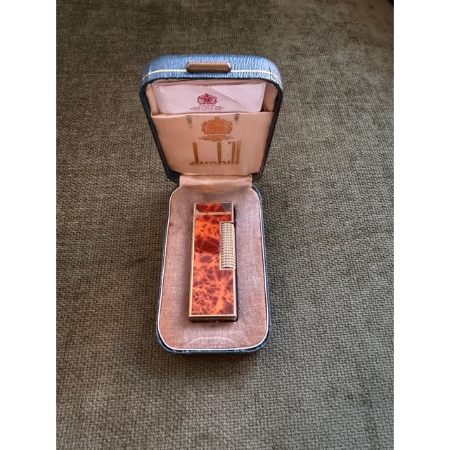 Rare Vintage Dunhill Gold Plated Cognac Marble Lacquer Lighter Original Sky Case For Sale - Image 9 of 15