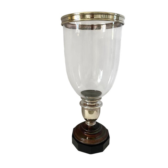 English Large Ralph Lauren Hurricane Original Candle Holder. Glass, Silver Wood Base 23”x10” For Sale - Image 3 of 8