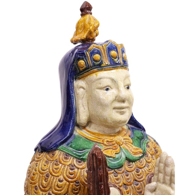 Large Old Chinese Sancai Glazed Pottery Ming Guardian Warrior Figure Statue For Sale - Image 4 of 9