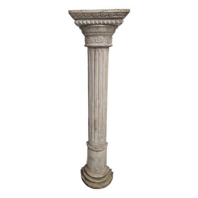 Tall Fluted and Carved Wood Half Classical Column in a With an Antique Whitewashed Finish For Sale