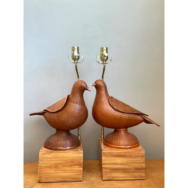 Vintage Shanghai Weave Lovebird Lamps- A Pair For Sale - Image 4 of 12