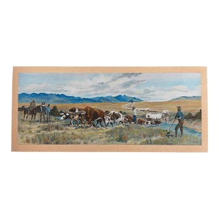 Vintage Western Pioneer Wagon Train Landscape Painting, Signed, Oregon Trail Americana. For Sale