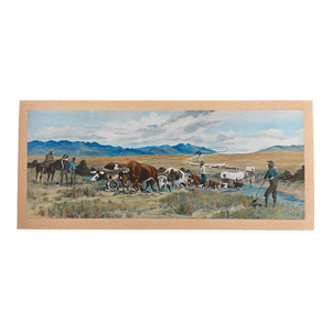 Vintage Western Pioneer Wagon Train Landscape Painting, Signed, Oregon Trail Americana.
