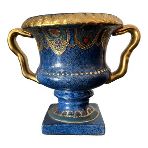 Vintage Cobalt Blue & Gold Gilded Urn Vase – ArtMark Japan Porcelain, Ornate Handles & Pedestal Base