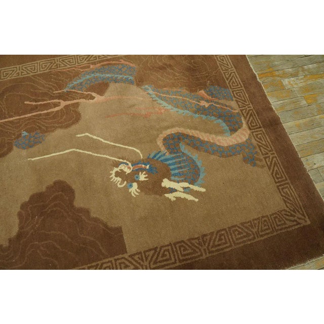 Textile Magnificent Brown Earth Tone Color and Majestic Chinese Dragon Design in Light Blue and Ivory Antique Chinese Peking Rug For Sale - Image 7 of 9