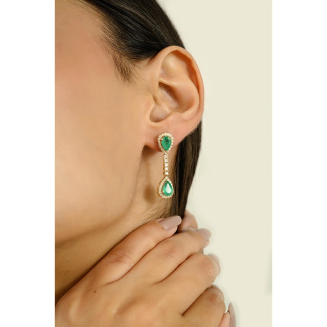 14k Gold Emerald Pear Drop Dangle Earrings With Diamonds- A Pair For Sale - Image 4 of 9