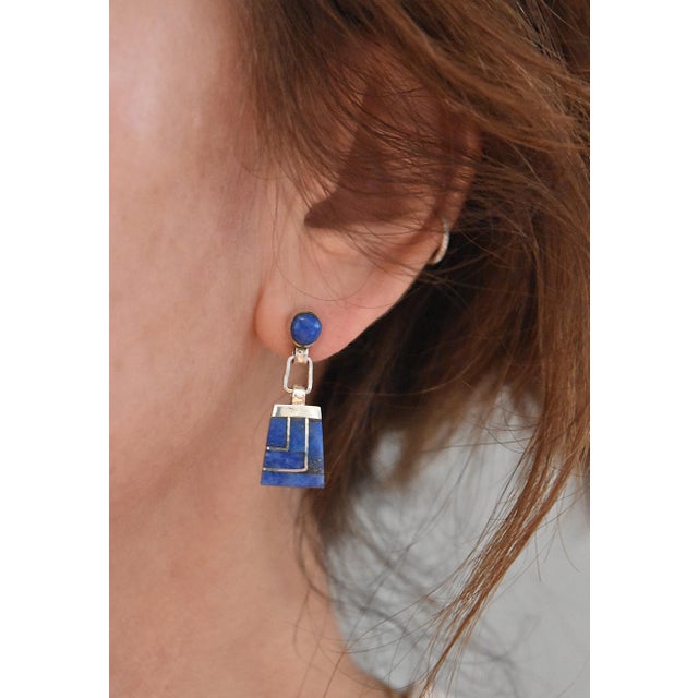 Vintage Escorcia Sterling Silver Lapis Inlaid Dangle Post Earrings, A Pair For Sale - Image 15 of 17
