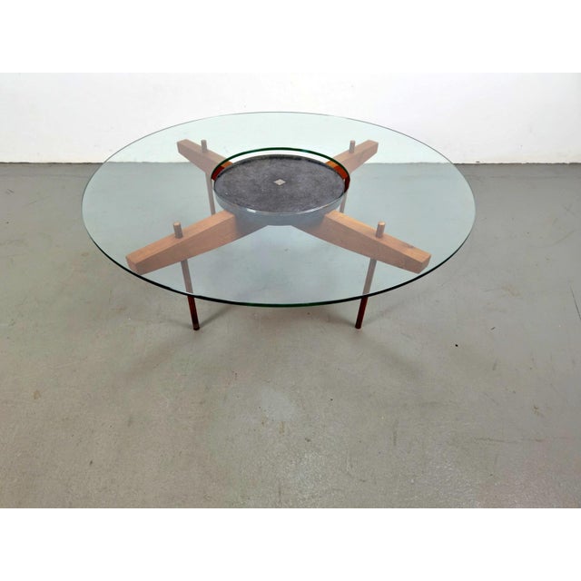Round Glass Coffee Table with Wood X-Base, 1970 For Sale - Image 17 of 17