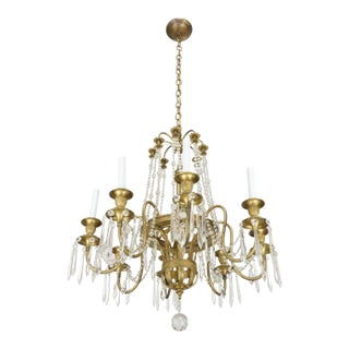 Restored French Eight Arm Brass Crystal Chandelier For Sale