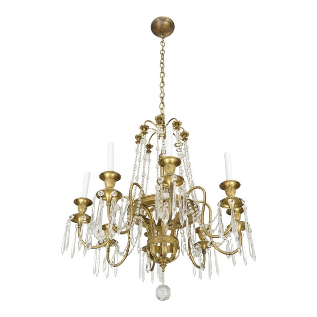 Restored French Eight Arm Brass Crystal Chandelier For Sale