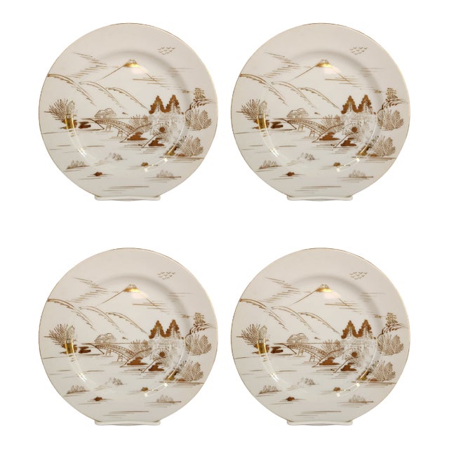 Vintage Kutani Mt. Fuji Plates – Hand-Painted Gold & White Porcelain – Japan Minimalism - 4 Available For Sale