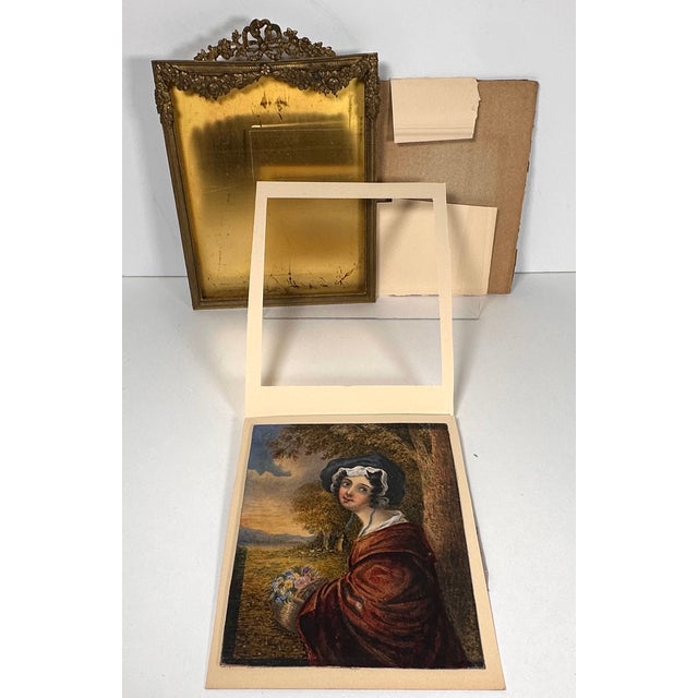 Antique Miniature Portrait Painting of Young Lady in Gilded Ribbon Crest Bow Frame For Sale - Image 9 of 18