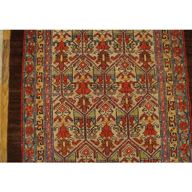 Late 19th Century Happy and Inviting Tan Background Rustic Tribal Geometric Grid Design Antique 19th Century Persian Serab / Malayer Scatter Rug For Sale - Image 5 of 9