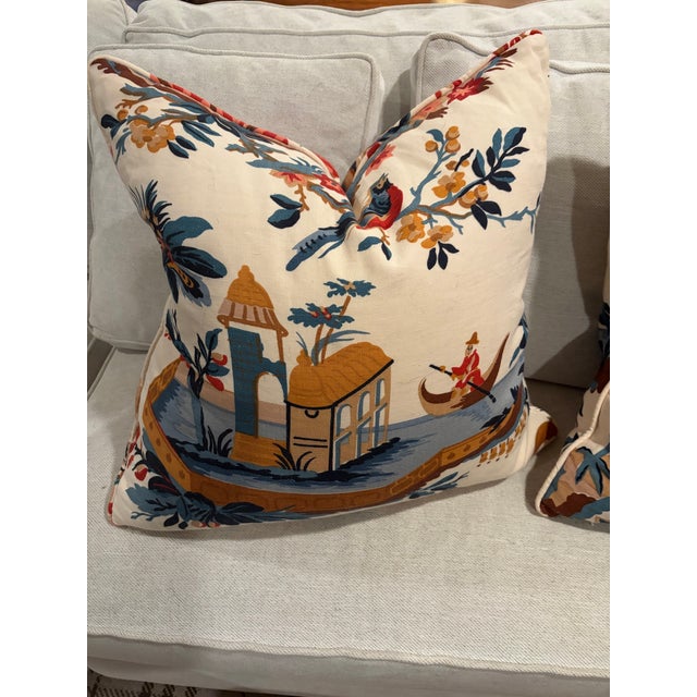 Pair of Custom Pillows Brunswig and Fils Le Lac Iconic Fabric With Down Inserts For Sale - Image 4 of 4
