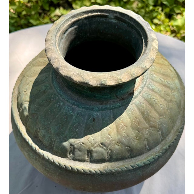 Large Vintage Metal Water Jug / Vessel With Hand Tooled Designs and Amazing Patina From India For Sale - Image 9 of 12