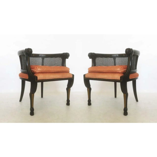 Modern Neoclassical Style Caned Back Ram's Head Armchairs - A Pair For Sale - Image 3 of 9