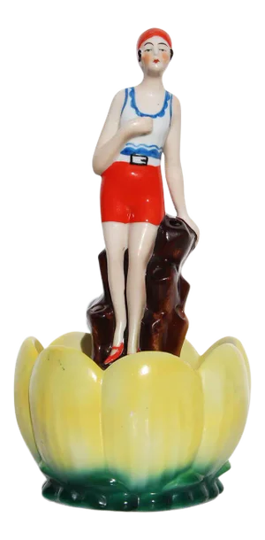 1920s Art Deco Porcelain Flower Frog Depicting a Lady Swimmer Above a Water Lily
