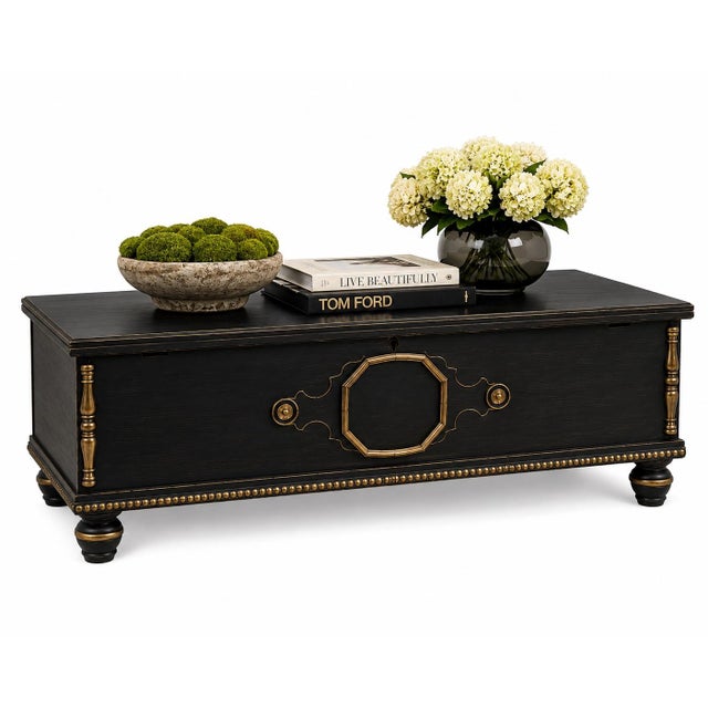 Hollywood Regency Mid 20th Century Ebonized & Gilt Storage Cocktail Table With Cedar-Lined Interior For Sale - Image 3 of 3