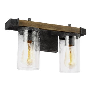 Sean Lavin By Visual Comfort Studio Angelo 2-Light Vanity Fixture in Distressed Weathered Oak / Slate Grey Metal For Sale