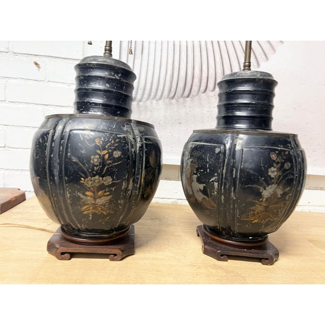 Chinoiserie Antique Chinese Tea Canister Tole Lamps - a Pair For Sale - Image 3 of 12
