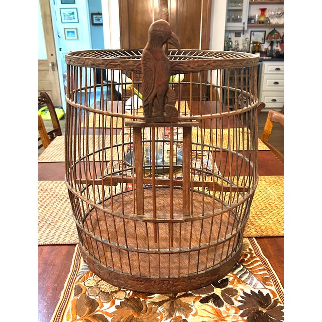 Farmhouse Antique Handmade Wooden Birdcage With Carved Bird For Sale - Image 3 of 5