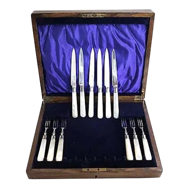Dated 1928 English Sterling & Mother of Pearl Flatware Set For Sale