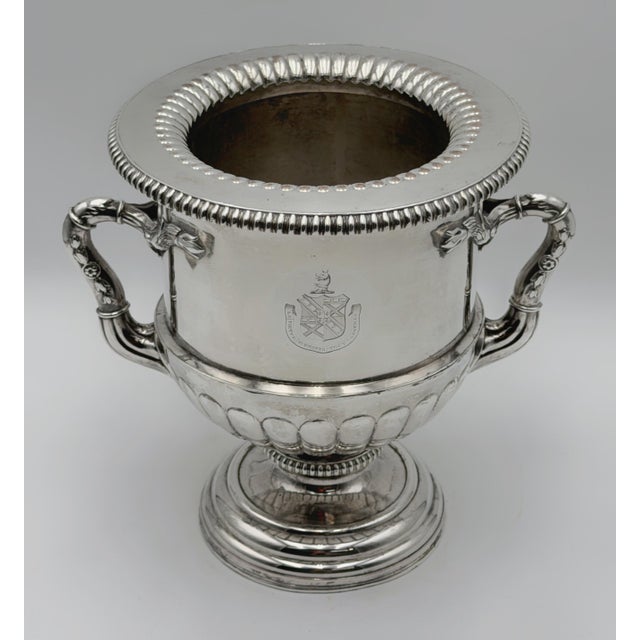 Regency English Sheffield Plate Armorial Wine Cooler in the Manner of Matthew Boulton A distinguished English Old...