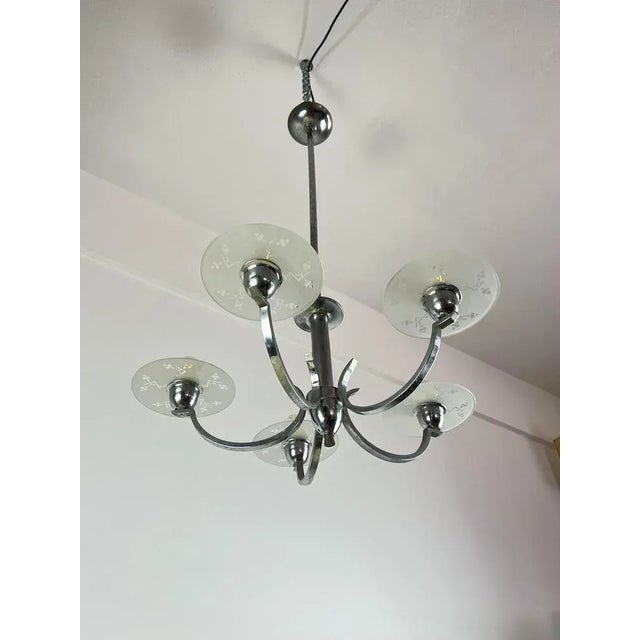 Italian Five-Light Metal and Glass Chandelier, 1940s For Sale - Image 6 of 12