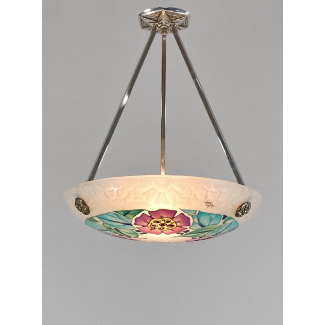 Loys Lucha French Art Deco Pendant Light 1930s - Purple Turquoise Floral Enameled Bowl For Sale - Image 6 of 11