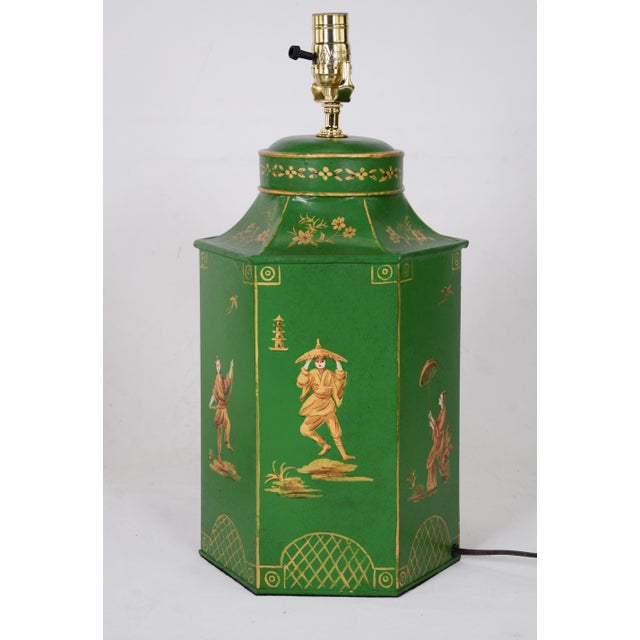 Vintage Tea Caddy Table Lamp With Green and Gold HandPainted Chinoiseries Style Figures From