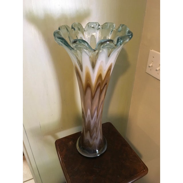 Vintage large murano glass vase. Slightly over 19 inches tall with scalloped top opening and white, brown sienna swirls....