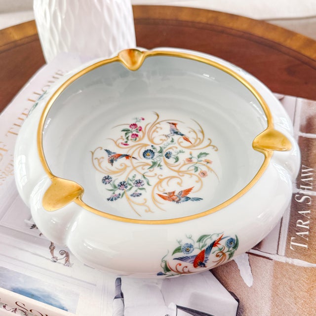 Large ]French Limoges Porcelain Ashtray With Birds of Paradise & 22k Gold Gilding, Circa 1960 For Sale - Image 12 of 12