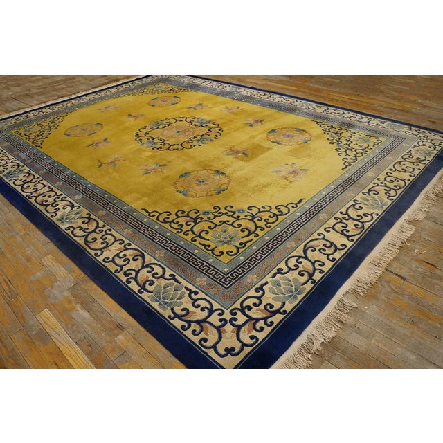 Chinese 1920s Yellow Safrron Medallion Antique Chinese Peking Carpet 9'' X 12' Knotted Wool Rug For Sale - Image 3 of 12