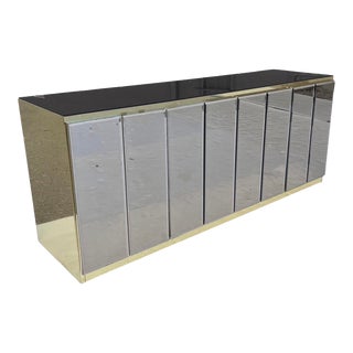1980s Gold Brass & Beveled Mirror 4 Door Buffet by Ello For Sale