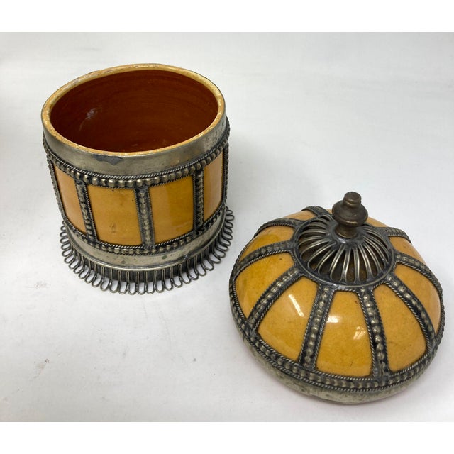 Vintage Moroccan Yellow Ceramic Jars With Silver Filigree Overlay Set of 3 For Sale In Palm Springs - Image 6 of 12