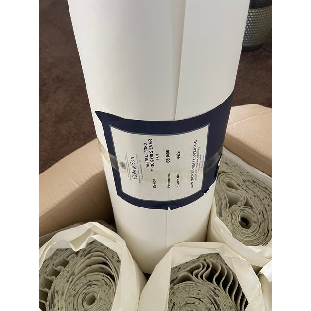 Cole & Son Damask White Lifford Flock on Silver Foil Wallpaper For Sale - Image 10 of 18
