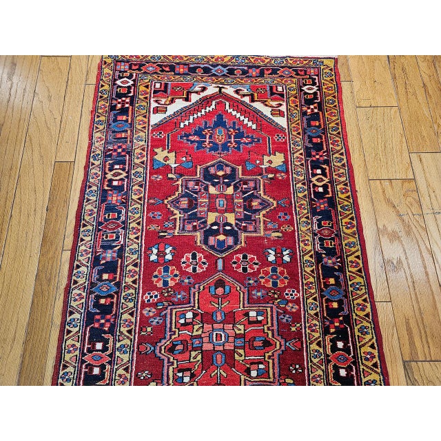 Vintage Persian Heriz Wide Runner, Hand-Knotted Wool, Geometric Design, Red & Navy, 4x12 For Sale - Image 12 of 18