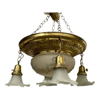 Antique French Style Hand Painted Floral Glass 4 Arm Pendant Light Chandelier For Sale