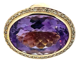 14k Yellow Gold Oval Amethyst & Diamond Halo Ring, Size 5.5