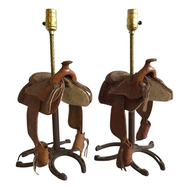 1960s Leather Horse Saddle Lamps on a Horseshoe Base - a Pair For Sale