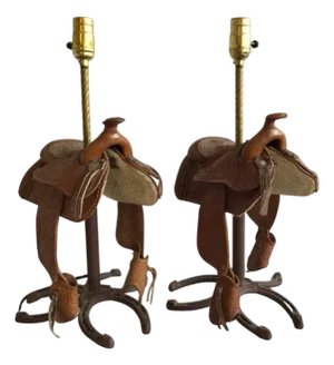 1960s Leather Horse Saddle Lamps on a Horseshoe Base - a Pair