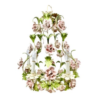 Vintage Rose Tole 5 Arm Chandelier For Sale
