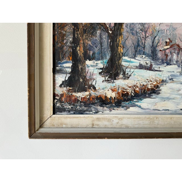 1960s Vintage Winter Cabin in the Woods Landscape Oil Painting, Signed For Sale - Image 5 of 12