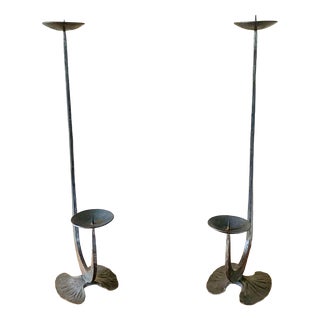 French Brutalist Style Two-Arm Iron Candlesticks, Set of 2 For Sale