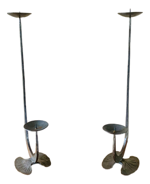 French Brutalist Style Two-Arm Iron Candlesticks, Set of 2