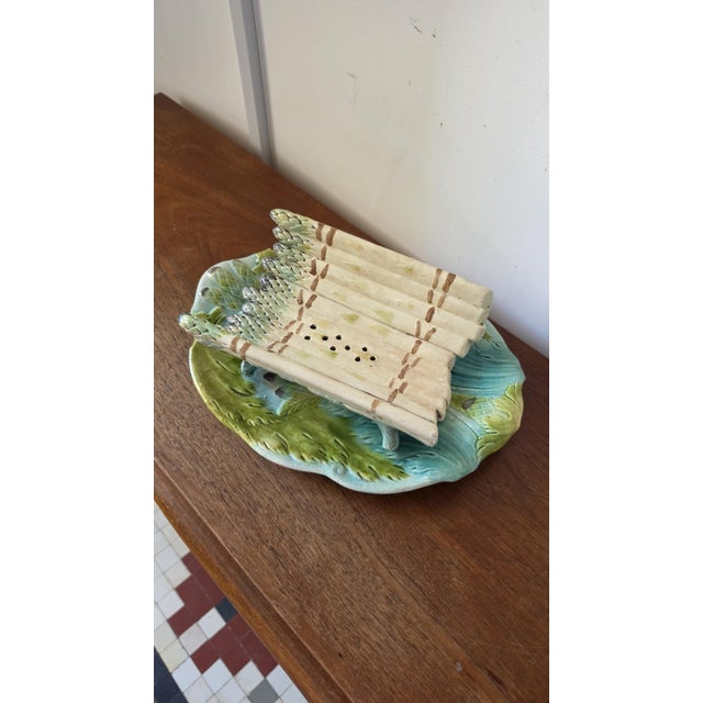 Asparagus Antique Majolica Asparagus Server Set, Ceramic Drainer & Platter, French Country Kitchen, Green Glaze Serving Dish For Sale - Image 8 of 11