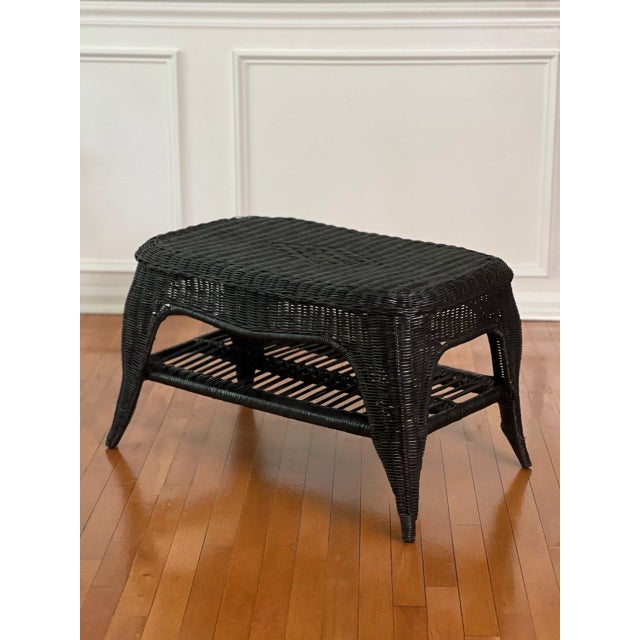 French French Small Wicker Woven Coffee Table in Black With Lower Rattan Shelf, C. 1970 For Sale - Image 3 of 16